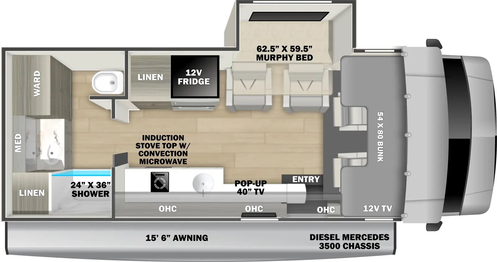 The Forester MBS 2401M floorplan has one entry and one slide out. Exterior features include: 15'6" awning. Interiors features include: murphy bed, rear bathroom and bunk over cab.